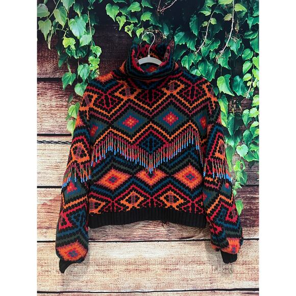 Farm Rio Rauti Beaded Sweater Small Turtleneck Aztec Knit Tassel Multicolor Top - Picture 7 of 11